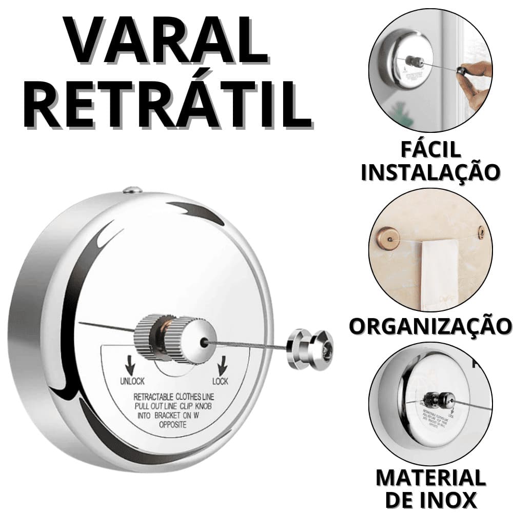 Varal De roupa Retrátil Parede Varau Retratil Varol De parede 3 Metros Banheiro Lavanderia
