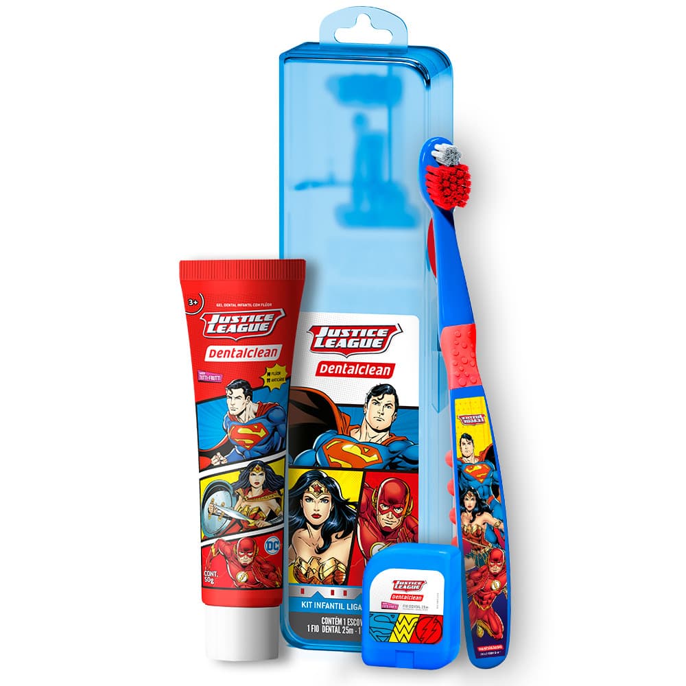 Kit Liga da Justiça Creme Dental, Escova de Dente e Fio Dental Infantil para a Higiene Bucal Kids Premium