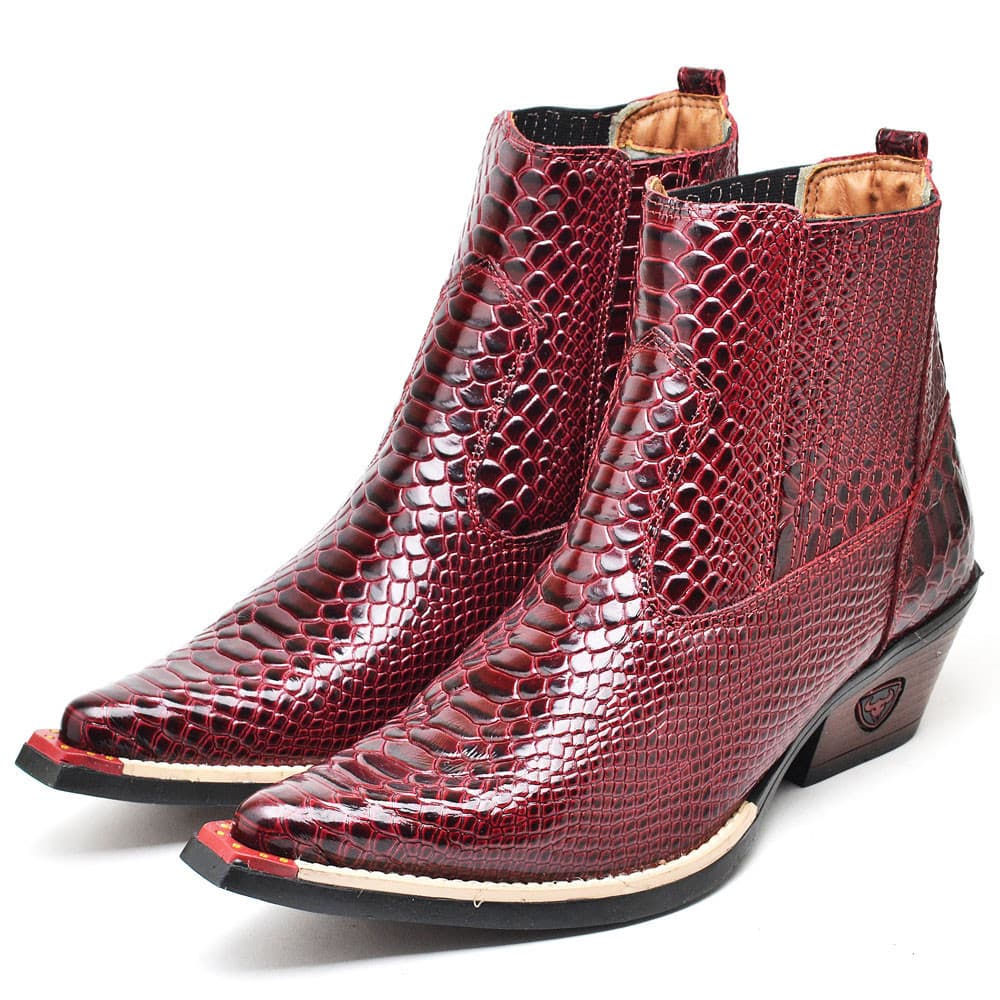 Botina Bota Butina Jacaré Vinho Confortável Masculina Couro Bovino Costurada Solado Bicolor Estilo