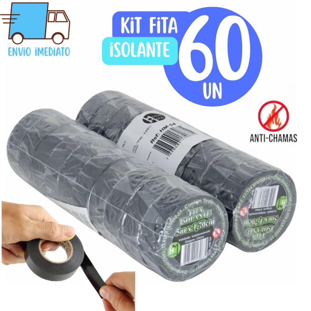 Kit 60 Fitas isolante Antichama 5metros Preta para Eletricista uso Geral Domestico e Industrial