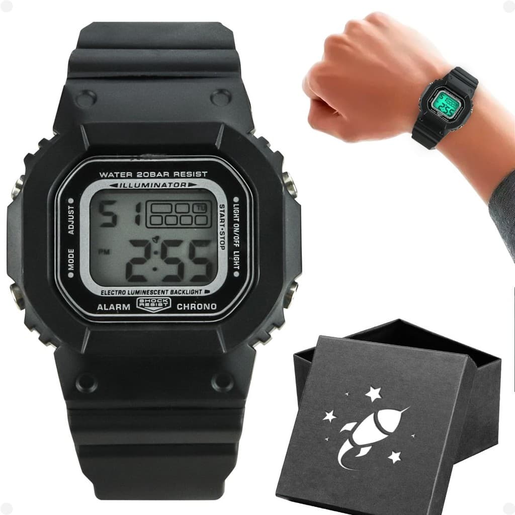relogio menino infantil criança digital silicone + caixa adolescente preto prova dagua original data