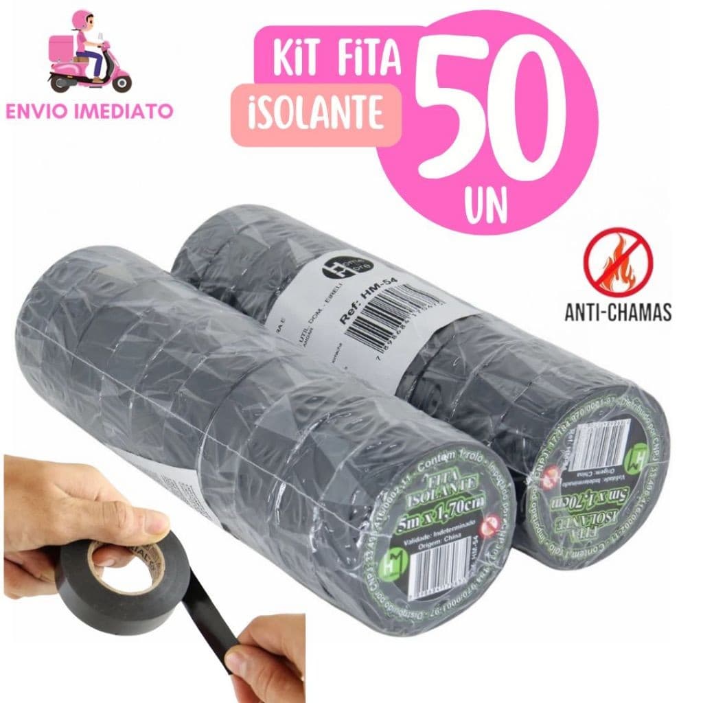 Kit 50 Fitas isolante 5 metros Antichama Preta para Eletricista uso Geral Domestico e Industrial