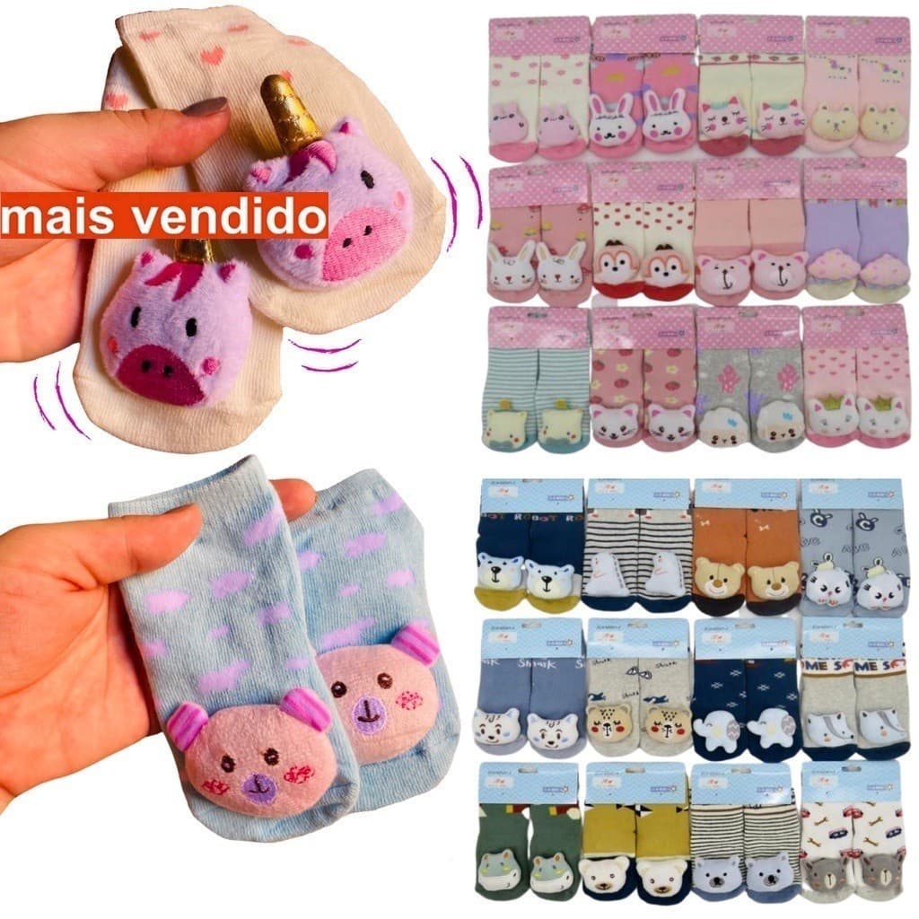 Kit Ate 06 Pares Meia Infantil 3D com Chocalho de Bichinho Fofinha Bebê 0 a 24 meses - Menino e Menina
