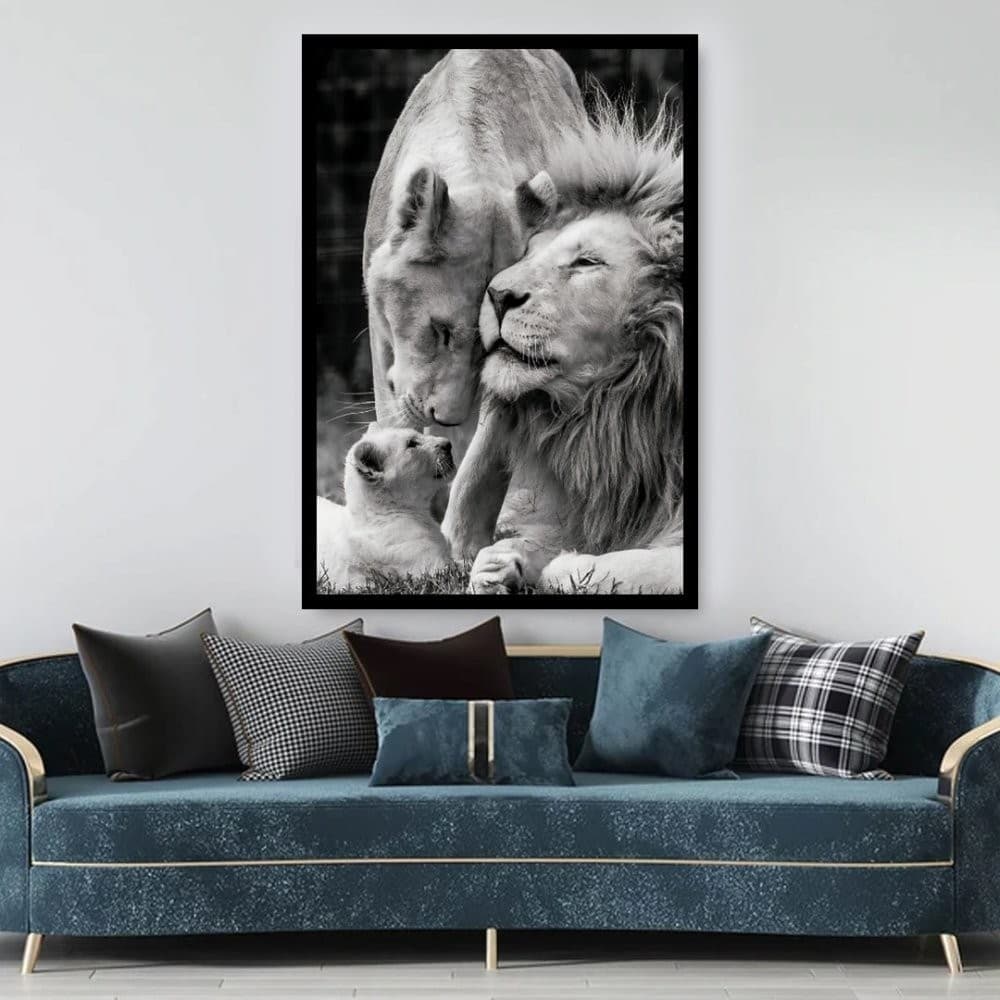 Quadro Decorativo GRANDE Alta Resolução Sala Quarto Quadro Família de Leão 1 Filhote Preto e Branco