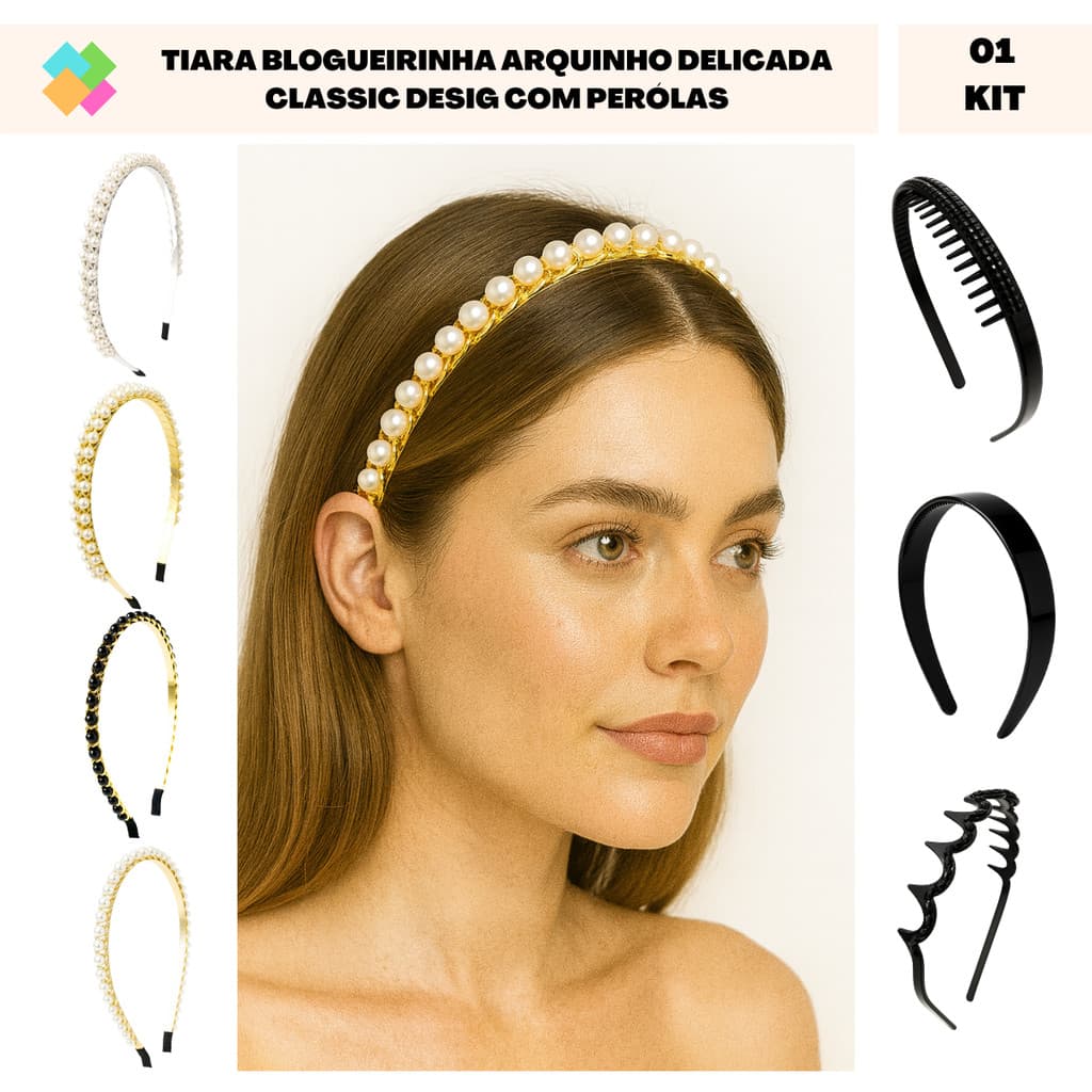 Tiara Blogueirinha Arquinho Delicada Classic Design com Pérolas (1 Und)