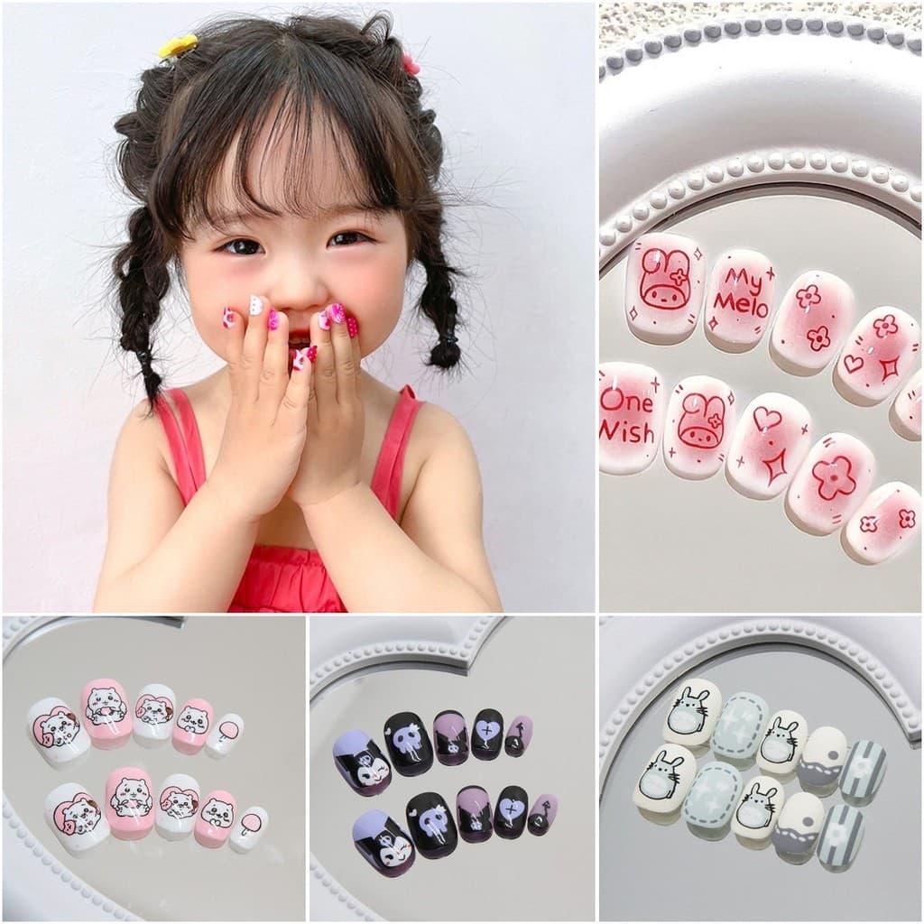 24pcs KID Pregos Falsos Desenho Animado De Unhas Pequenas E Falsas Armadura Para Crianças Com Gel Gelatinoso