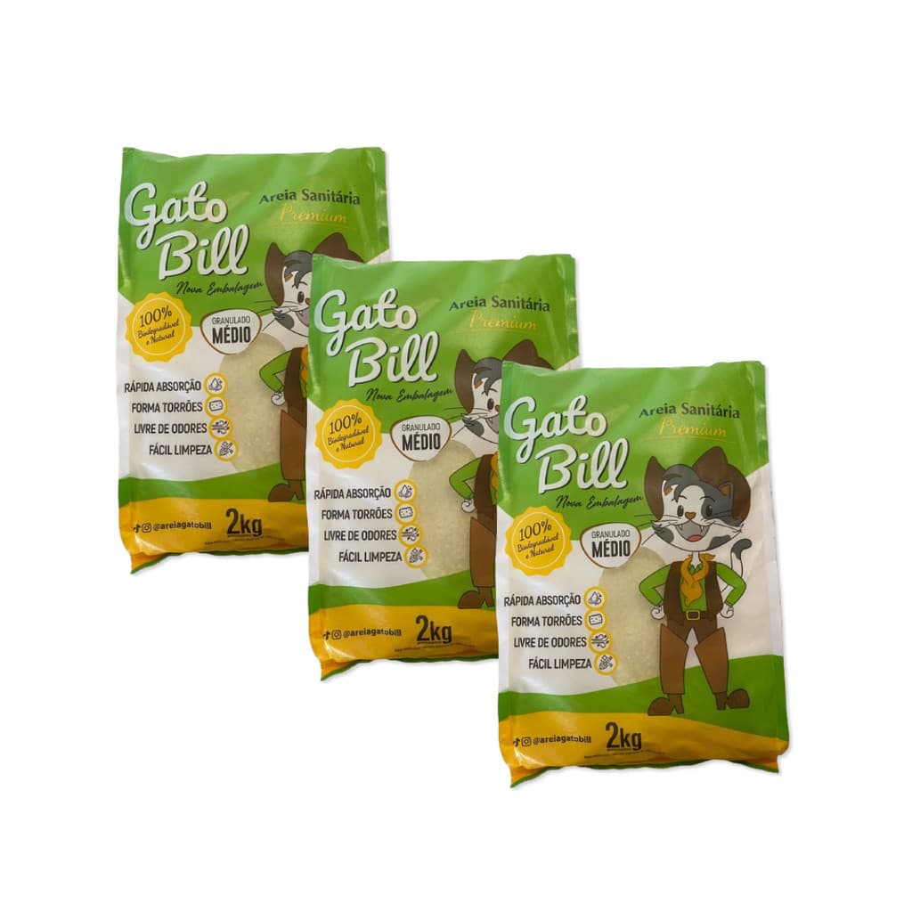 KIT 3X AREIA SANITÁRIA MÉDIO BIODEGRADÁVEL 2KG GATOBILL