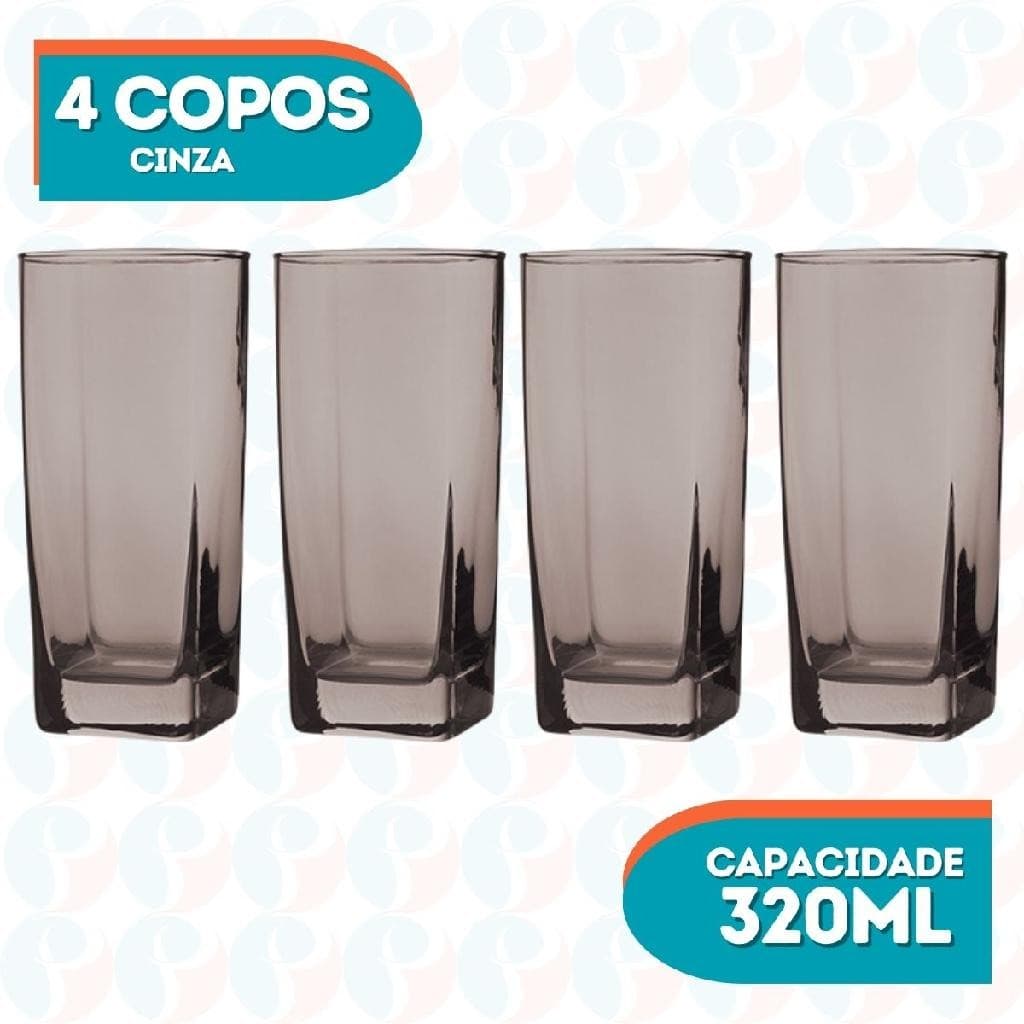 Kit 4 Copos Texas Quadrado Vidro Cinza Mesa Posta Chique 320ml