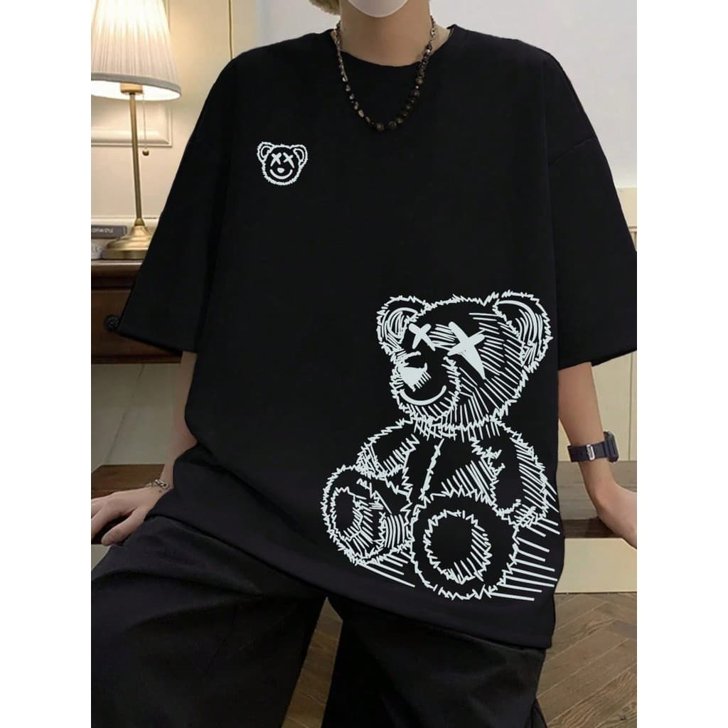 Camiseta Básica Masculina Hypemode Masculina De Ombros Caídos Com Padrão De Urso Dos Desenhos