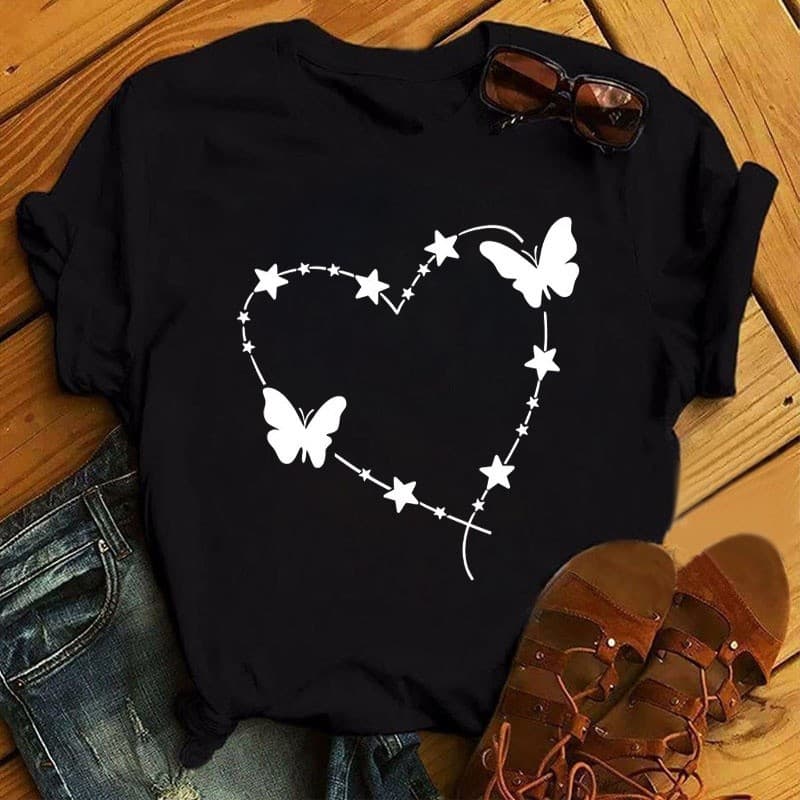Nova Moda Feminina Camiseta Borboleta Coração Estrelas Estampadas Blusas Femininas Harajuku Casual Fofo Camisetas Roupas