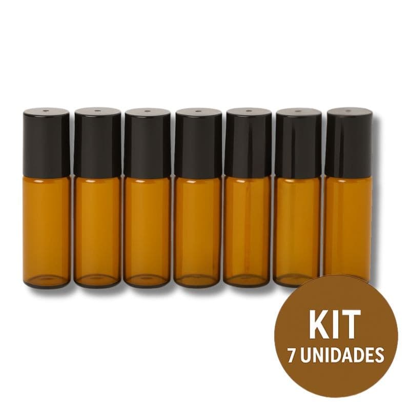 Kit 7 Frascos De Vidro Garrafinha Ambar Roll-on 5ml Com Tampa e Esfera em Inox