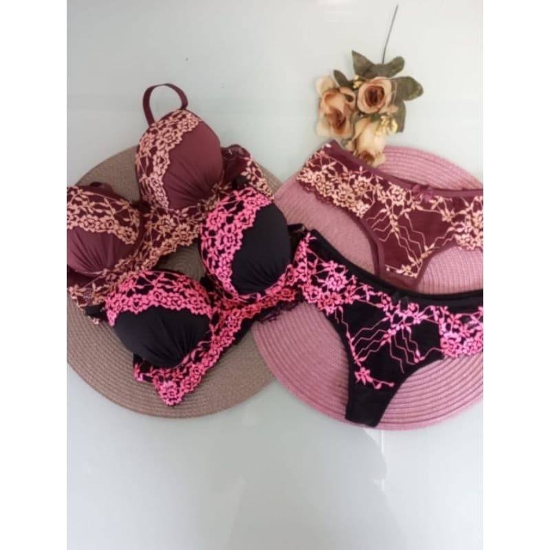 Kit 2 Conjunto Gabi Sutiã e calcinha Renda Conjunto de microfibra de bojo com renda bicolor
