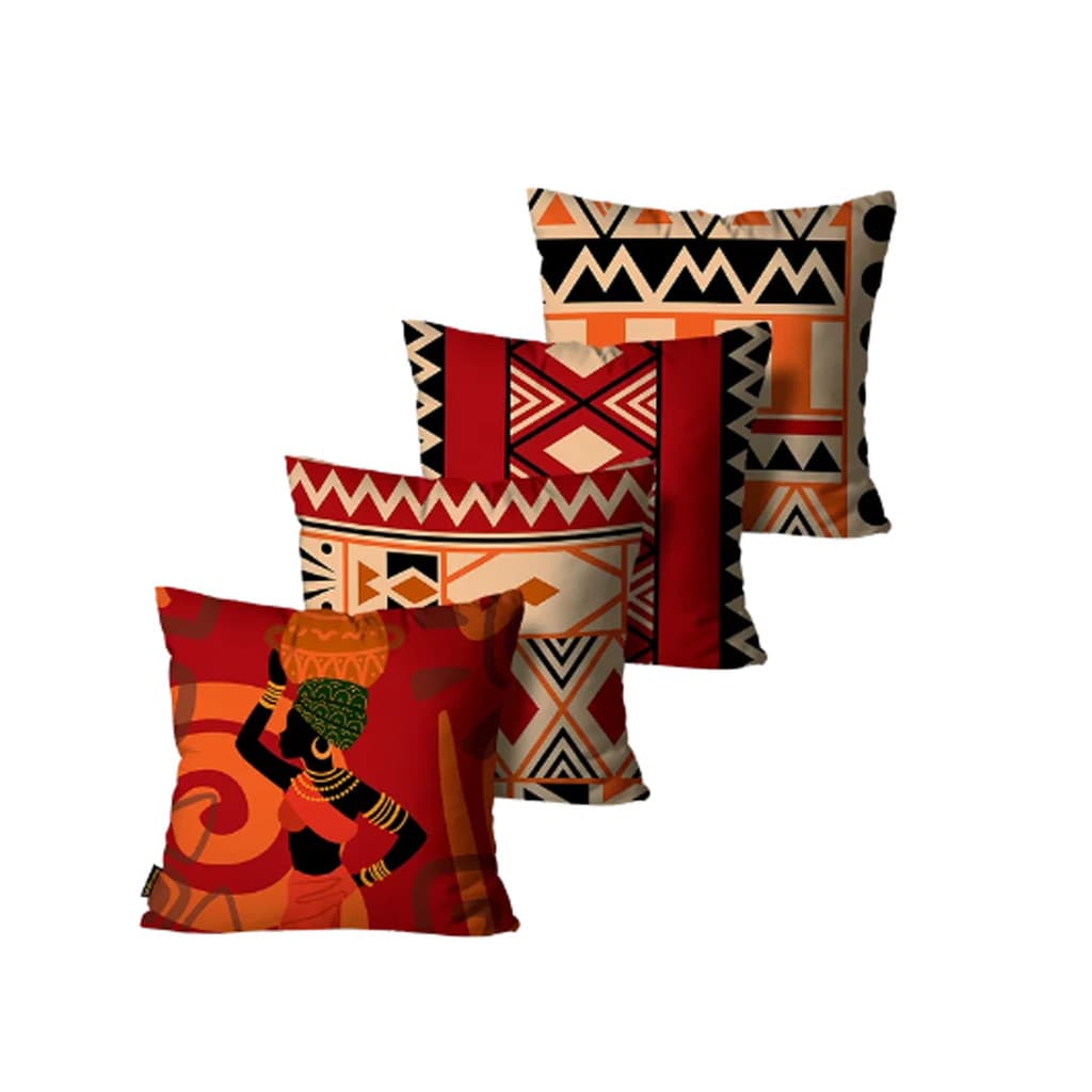 Kit com 4 Capas de Almofadas Decorativas Africanas Vermelhas