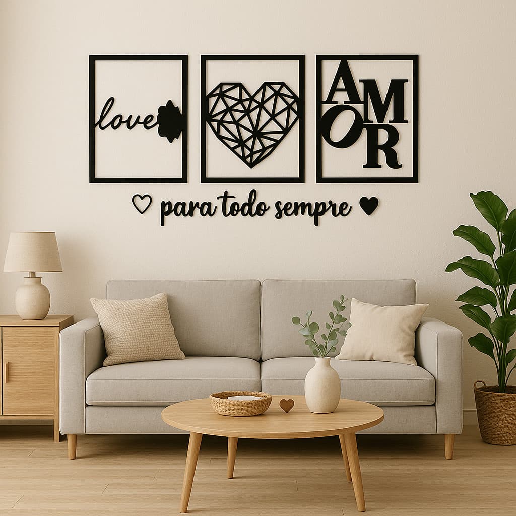 Kit 3 Quadros Love Para Todo Sempre Coração Geométrico Frases MDF Parede