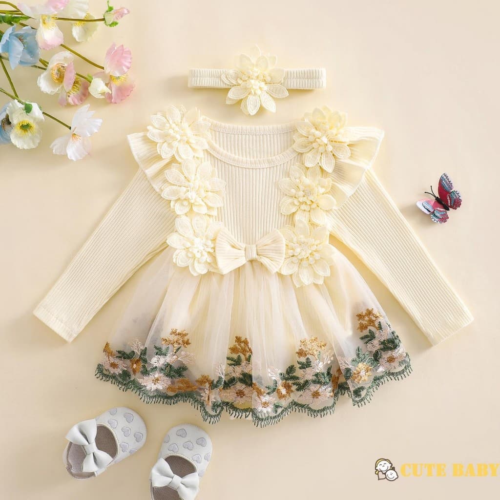 Eph-Infantil Bebê Meninas Primavera Manga Longa Flor Bordado Tule Vestido Macacão Com Bandana,0-24 Meses