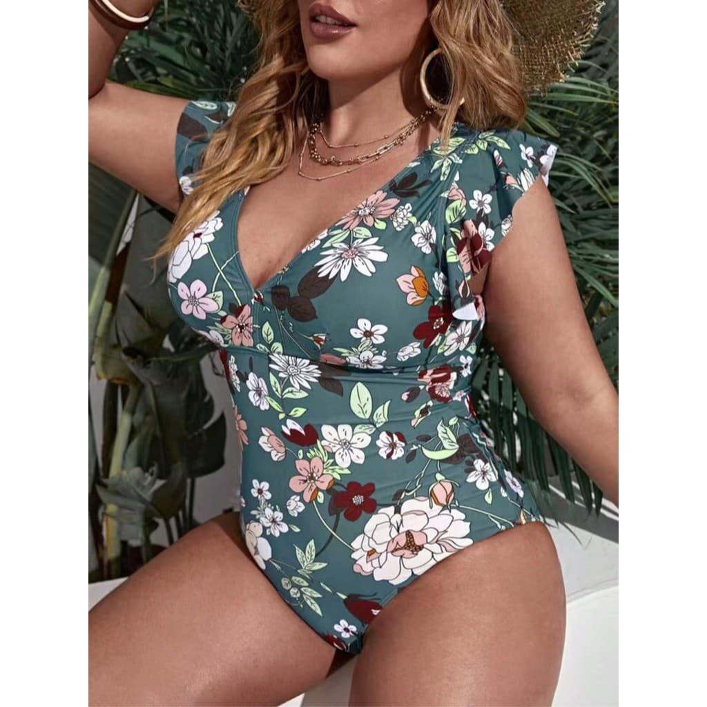 Maiô feminino plus size com mangas franzidas, cobertura abdominal, estampa floral,