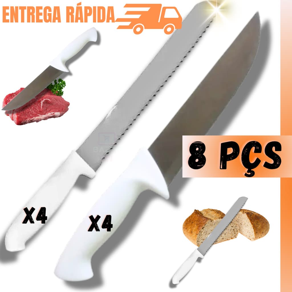 Kit 8 Peças Faca Peixeira Churrasco Grande Cabo Branco + Faca Para Pão Serra Aço Inox Jogo Completo
