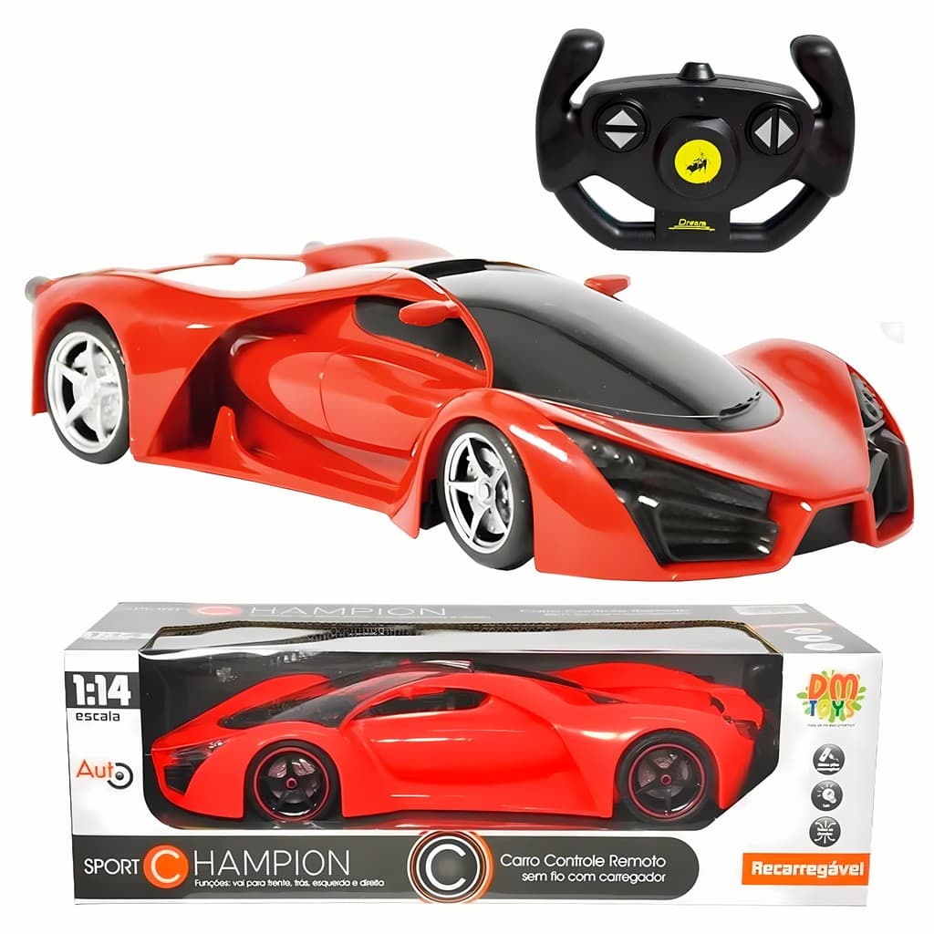 Carrinho Controle Remoto Infantil Com Luzes Recarregável Rodas Emborrachas Sport Champion - Dm Toys