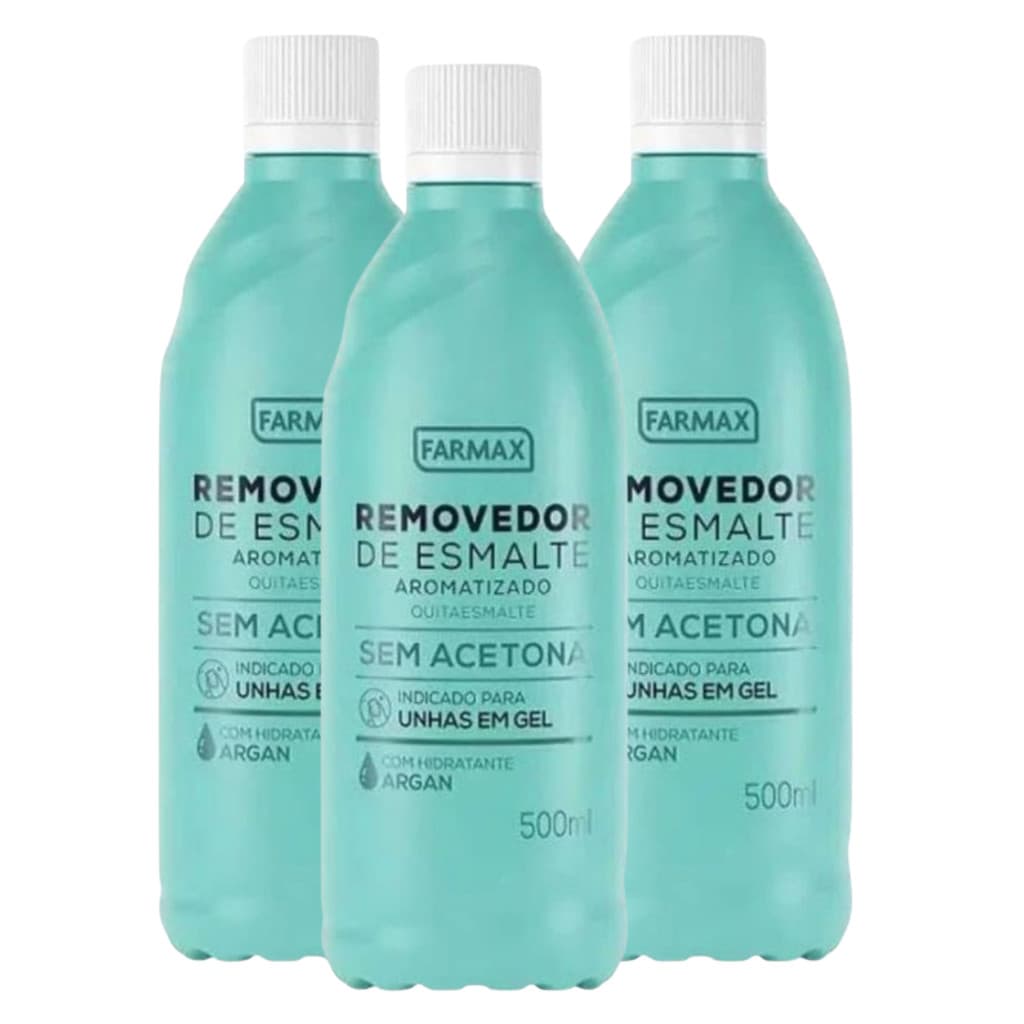 Kit 3 Removedor Farmax Argan Sem Acetona 500 ml Glicerina Nutritivo Unhas em Gel Hidratação Suave