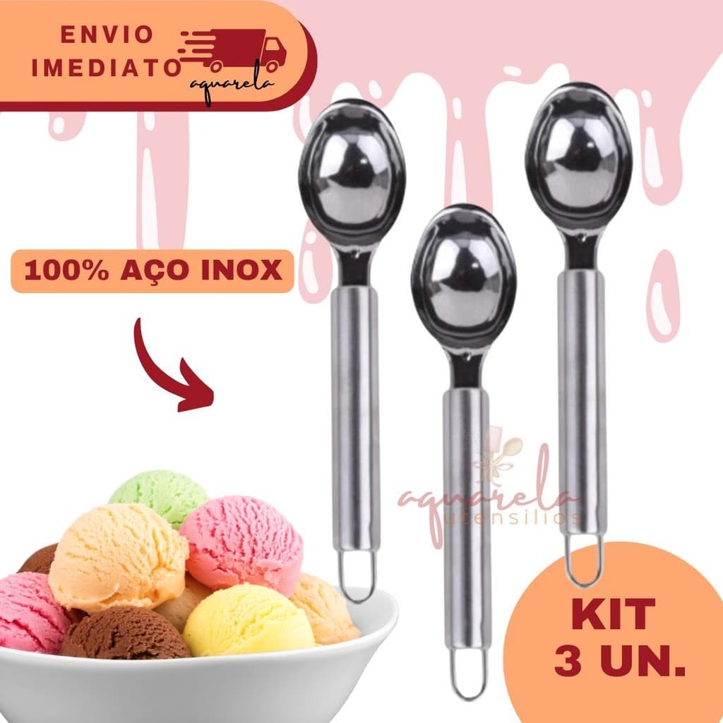Kit 3 Colher Pegador De Sorvete Açai Aço Inox Prata Sorveteria Gelato Massa