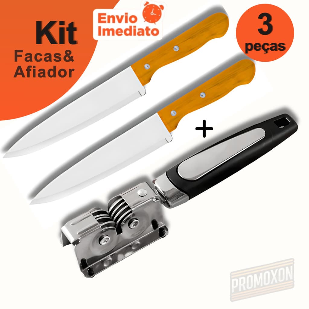 Kit 3 Peças Facas 6" Aço Inox + Afiador de Facas Profissional para Cozinha Churrasco Açougue Gourmet