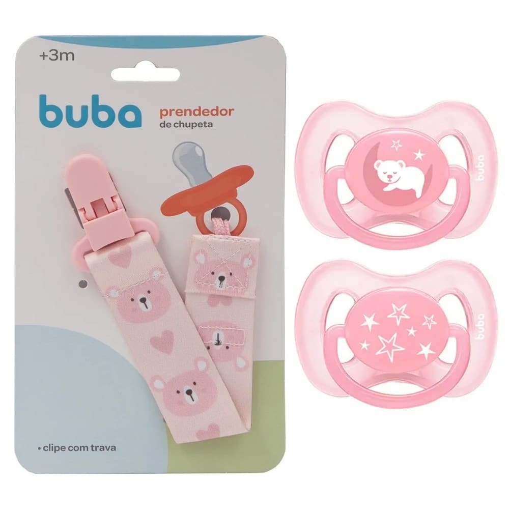 Kit C/ 2 Chupetas Tam 2 + Prendedor de Chupeta Ursinho Rosa - BUBA