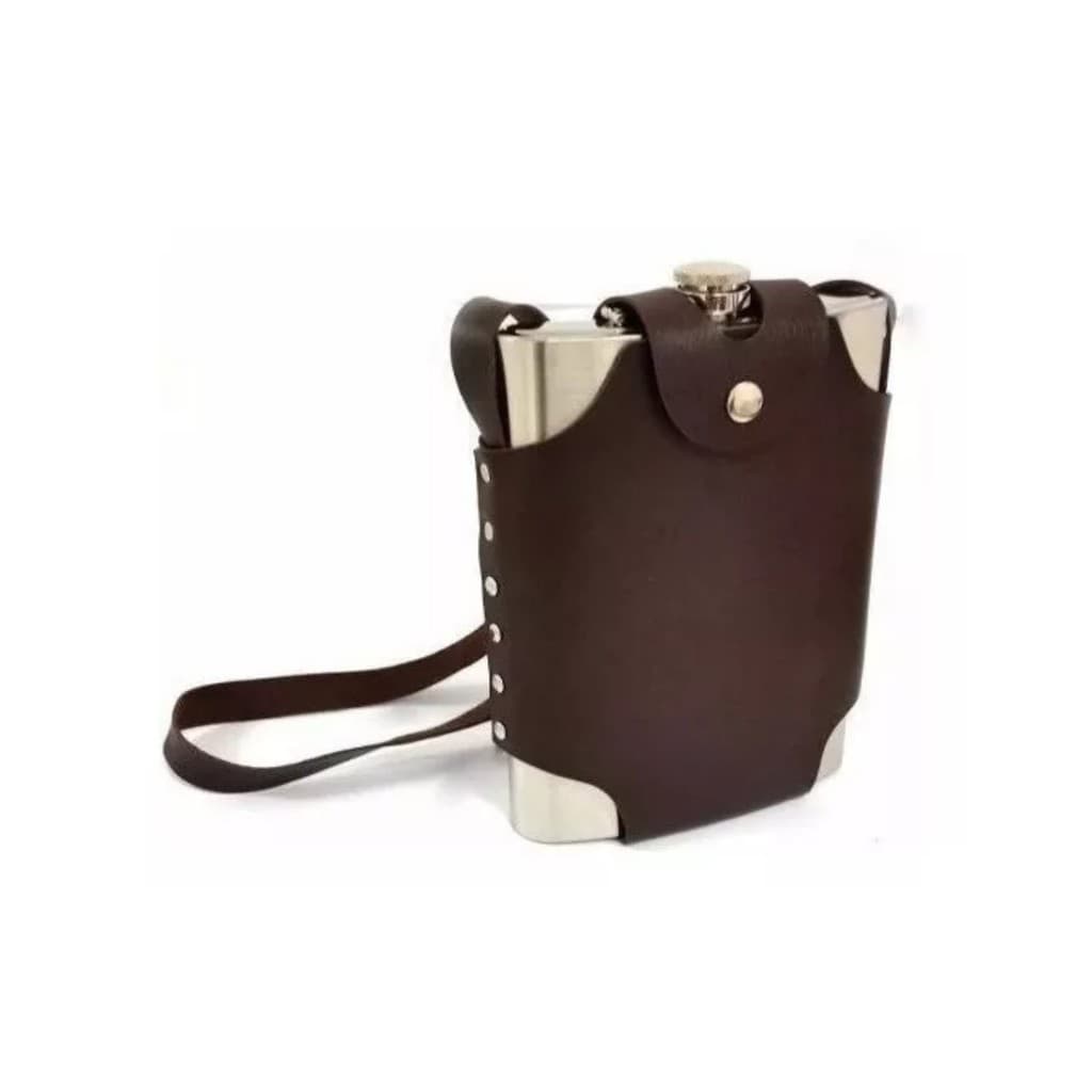 Cantil Porta Bebida Bolsa Couro E Alça 500 Ml Inox Whiskeira
