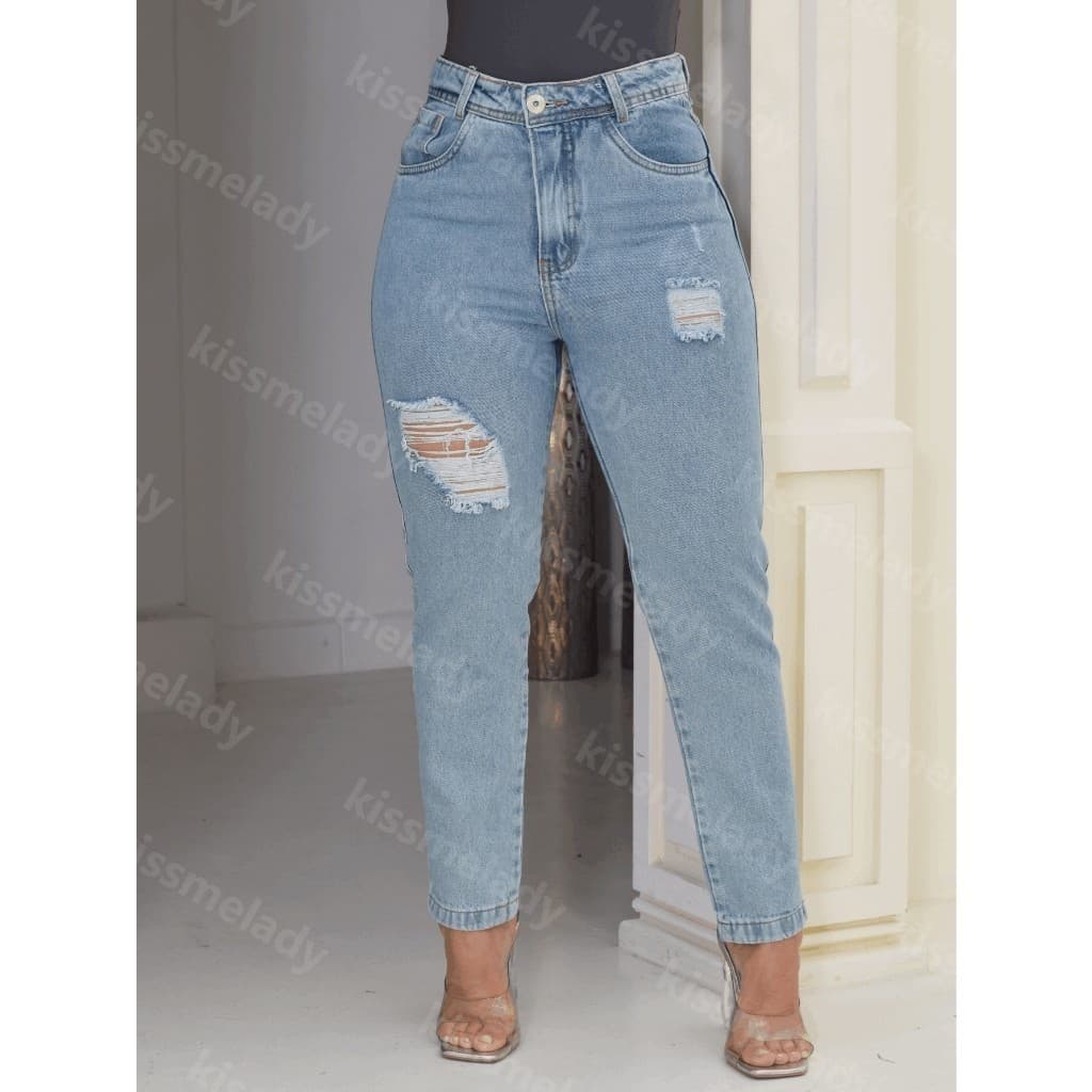 Lukasjeans 8193 Calça Jeans Feminina  Mom Calca Com Bolsa Jeans rasgados com bolsa 8193
