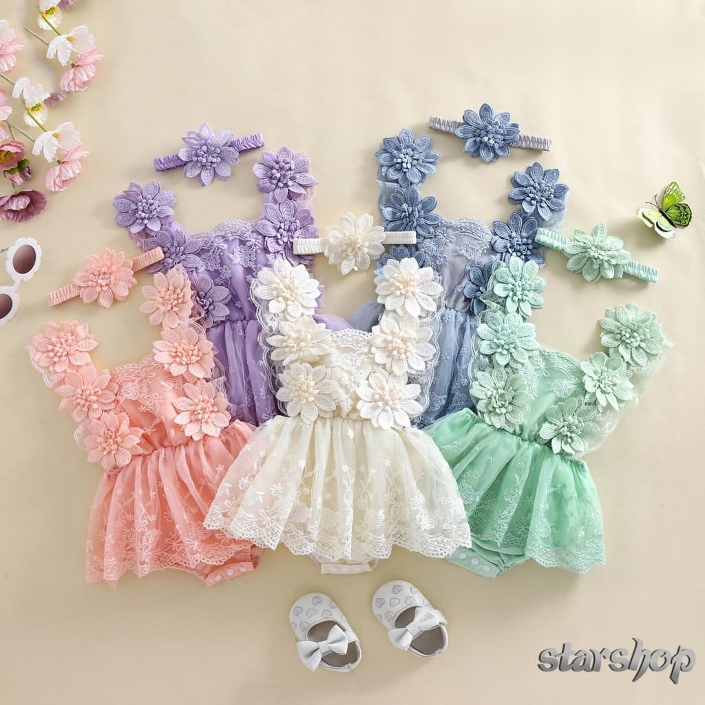 Starshop-Baby Girl Summer Outfit Bordado Em Flor Malha Romper Vestido De Fita De Cabeça De Arco 2 Peças