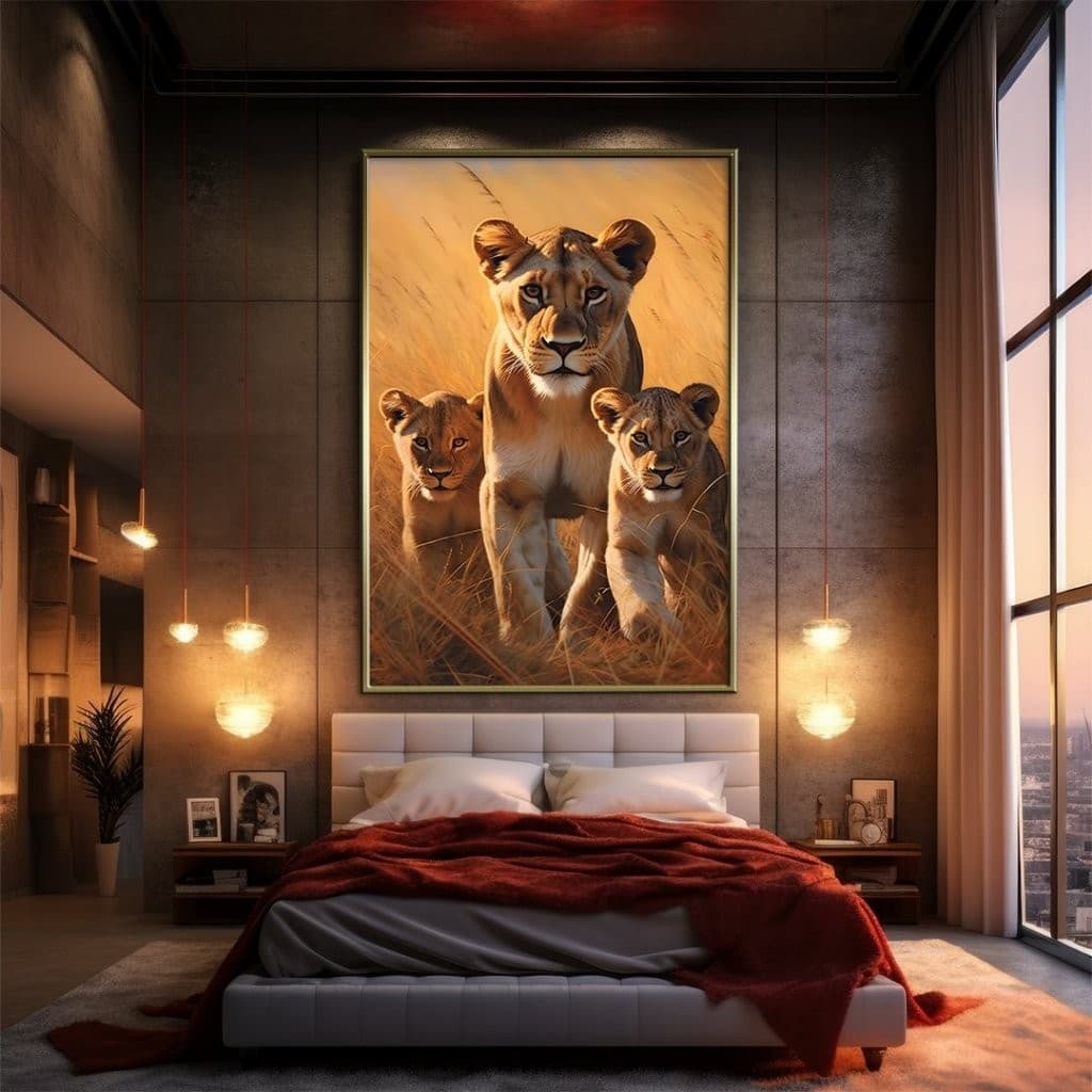 Quadro Decorativo GRANDE Alta Resolução Para Sala Quarto Escritório Quadro Leoa e Dois Filhotes