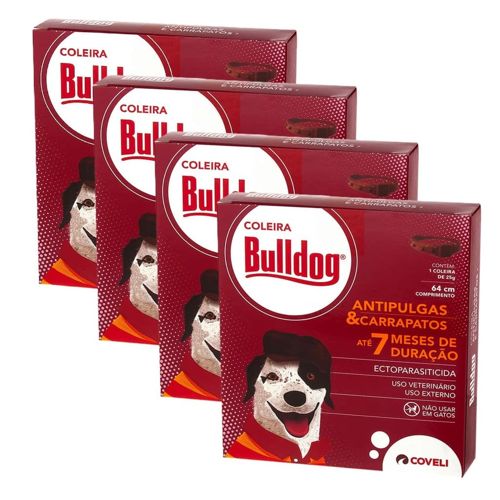 Kit 4 Bulldog Coleira Antipulgas e Carrapatos Coveli para Cães - 64 cm