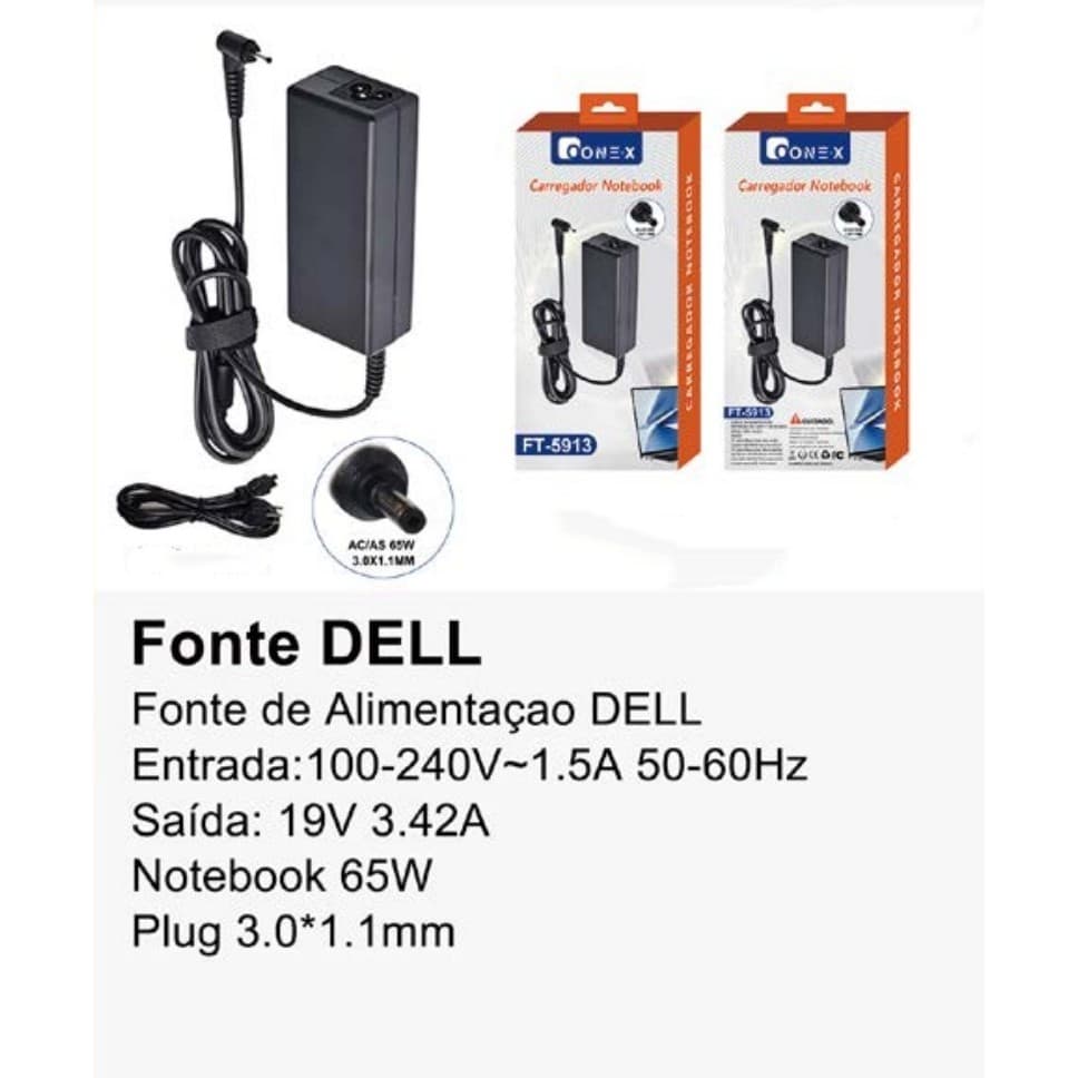 Para Dell 65W Laptop Power Adapter 19V 3.42A Comprimento Do Fio 3.0*1.1mm