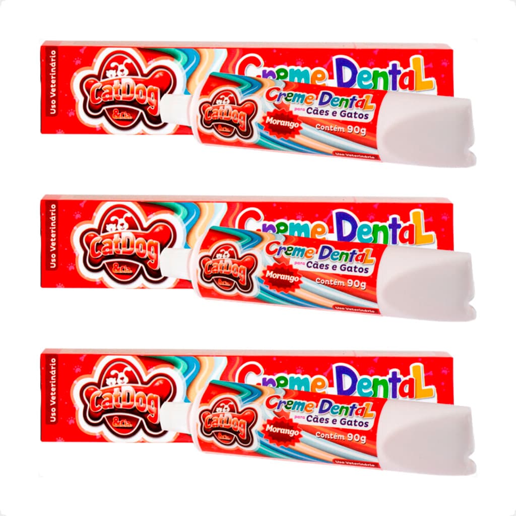Kit 3 Creme Dental Morango CatDog & Cia para Cães e Gatos - 90g