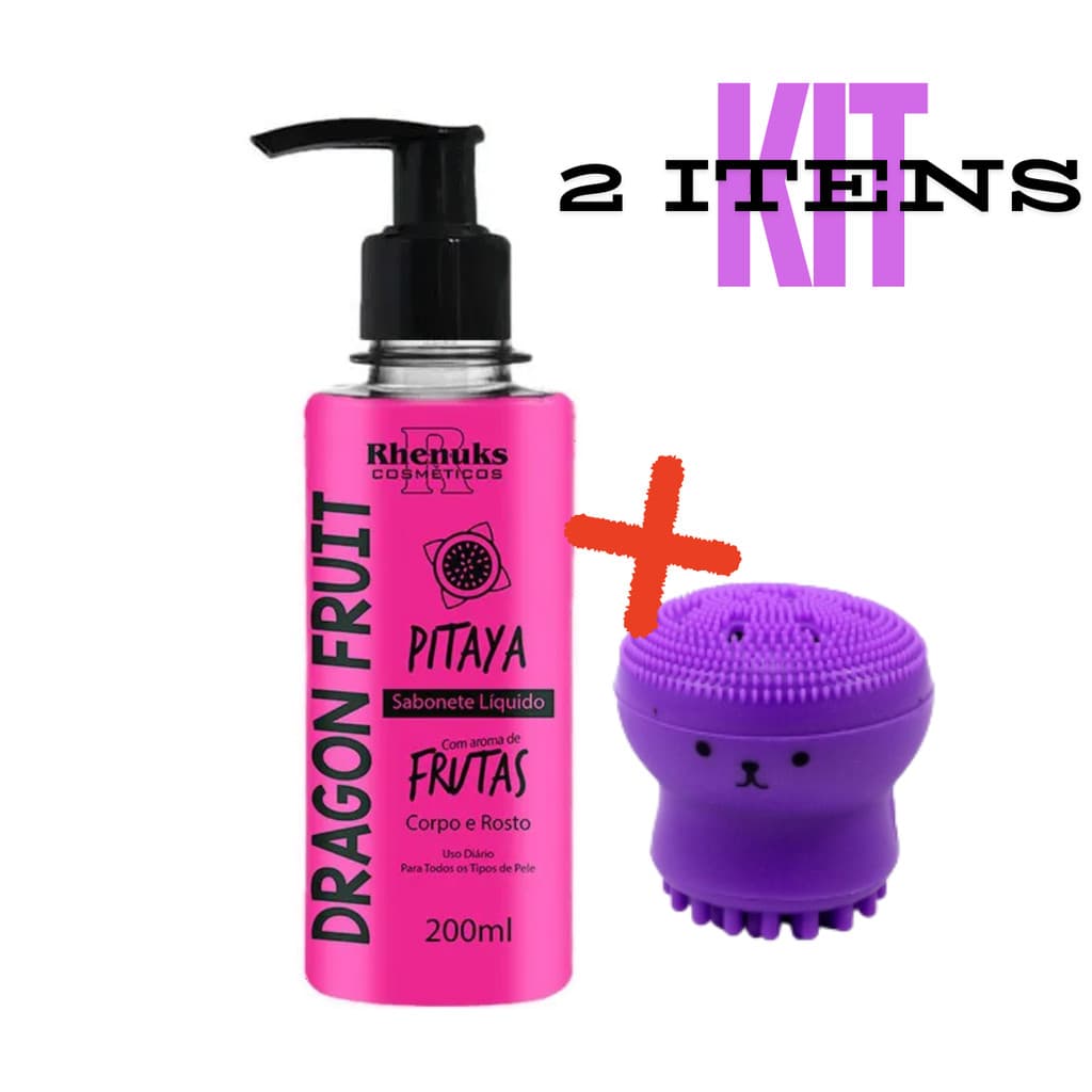 Kit Sabonete Líquido Corpo e rosto Pitaya RHENUKS + 1 Esponja Limpeza Para Rosto Polvo Esfoliante
