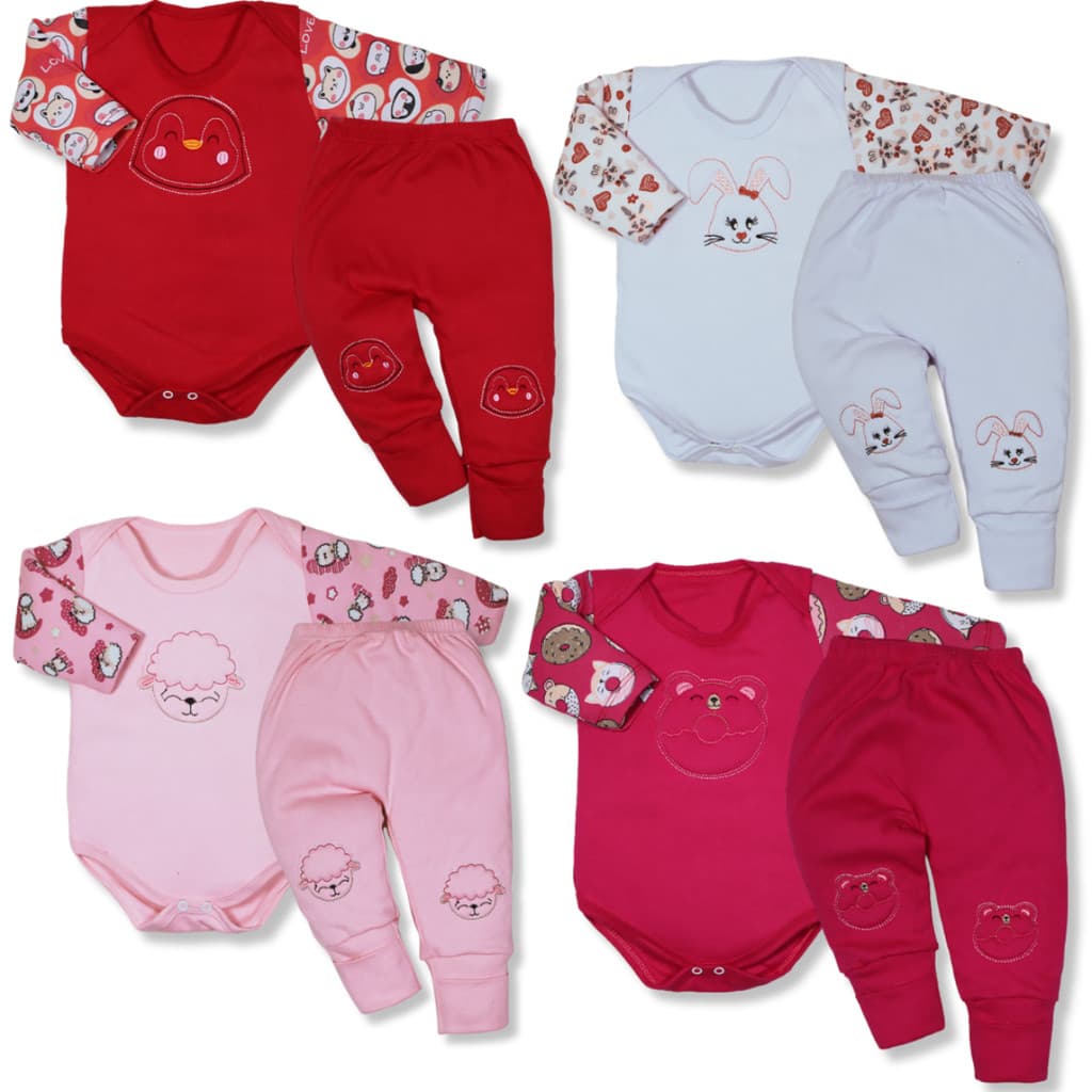 Kit 8 Peças Body Bebe E Mijão Bordado Joelho Vira Pé Menina Menino