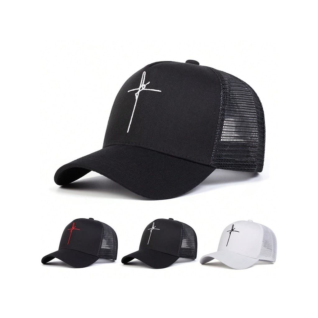 1 peça Boné Trucker com Bordado de Cruz Masculino, Boné de Beisebol com Padrão de Fé para Esportes Ao Ar Livre,