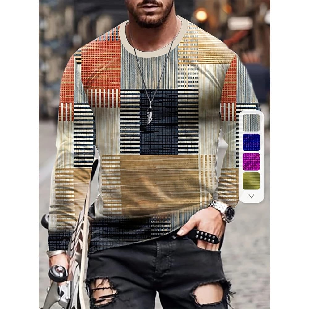Moda Masculina T Camisa Retro Emenda Impresso Padrão De Manga Longa Em Torno Do Pescoço Roupas Masculinas Rua Personaliz