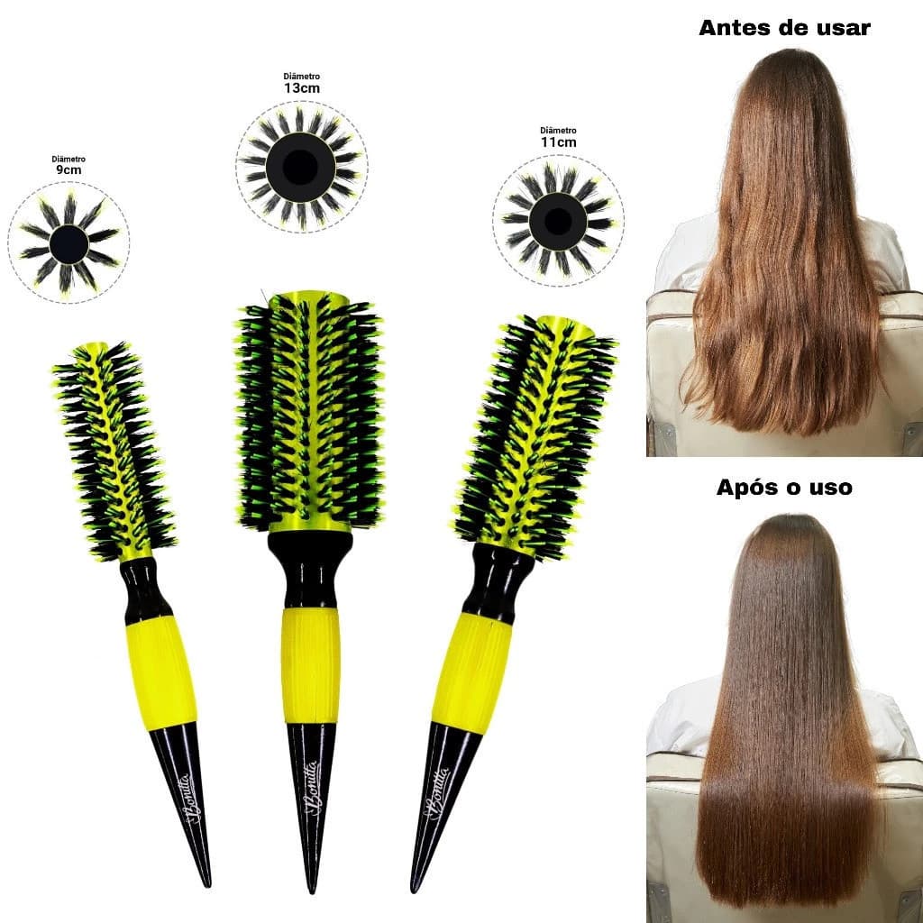Escova De Cabelo Térmica Amarela Cerdas De Javali Mista Madeira-Techo Pro