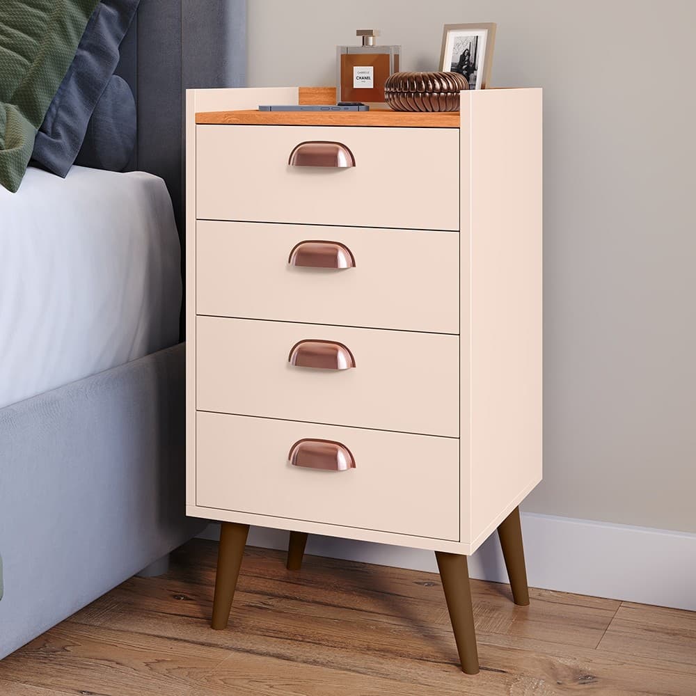 Gaveteiro Mesa Cabeceira Monet Criado Mini Comoda Quarto com 4 Gaveta com Puxador Concha