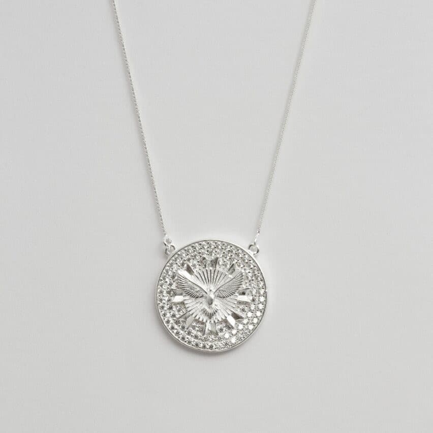 Colar Religioso Feminino Medalha Espírito Santo Prata 925 com Zircônias Cravejado