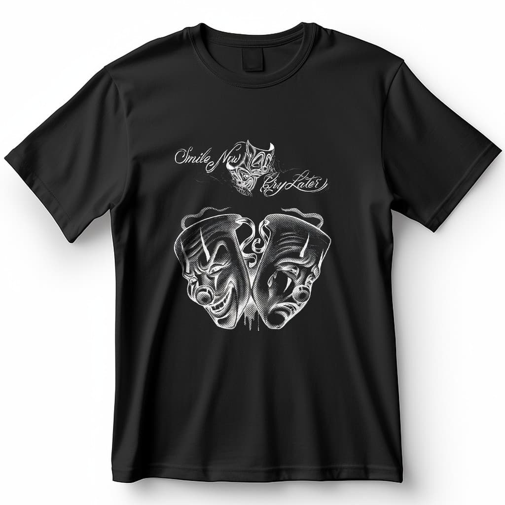 Camiseta Unissex Chora Agora e Ri Depois Mascaras Smile Now Cry Later Blusa Mandrake Streetwear Camisa 100% Algodão 02