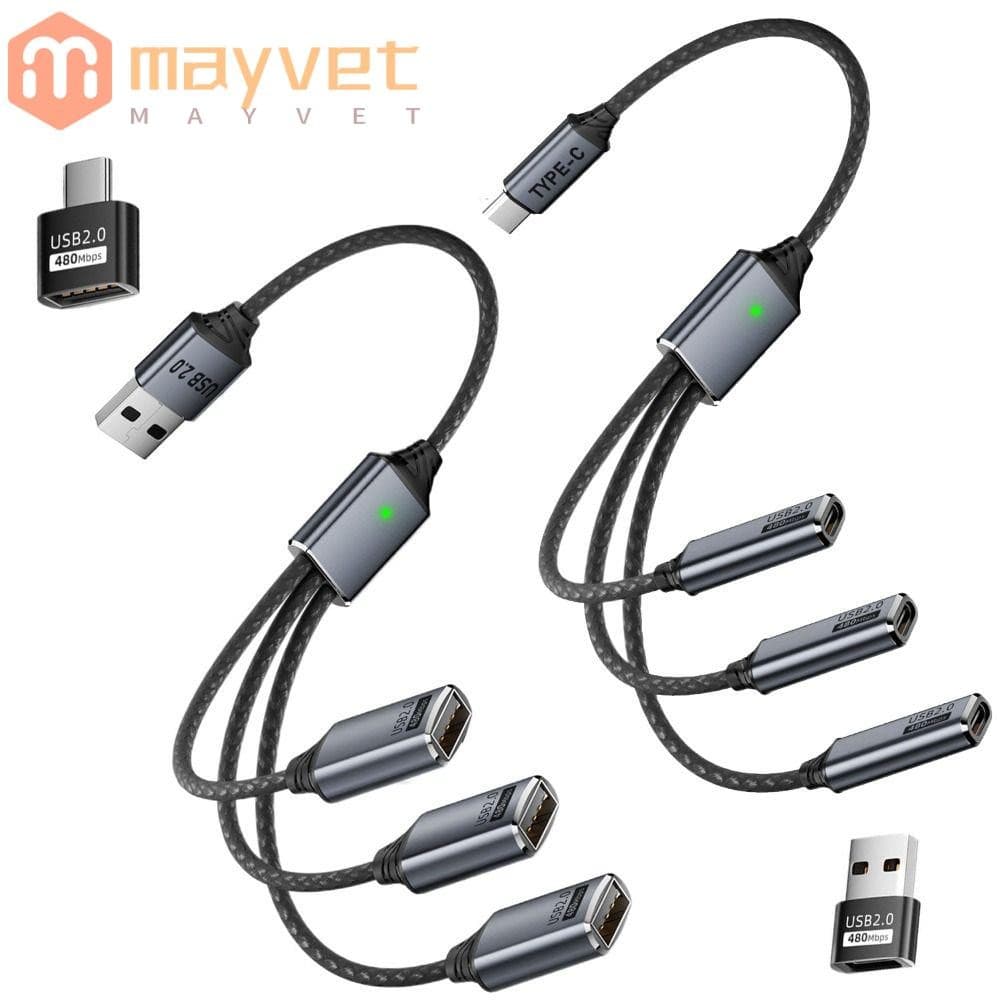 Hub MAYVET USB-C , Com Conversor Macho Para Fêmea Divisor 3 Em 1 , Cabo Y Trançado De Nylon De 480 Mbps