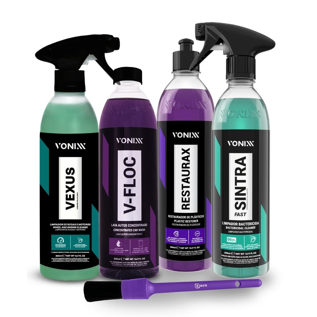 Kit Vonixx Lavagem Limpeza Automotiva Completa VEXUS 500ml + Sintra + Restaurax + V-Floc + Pincel