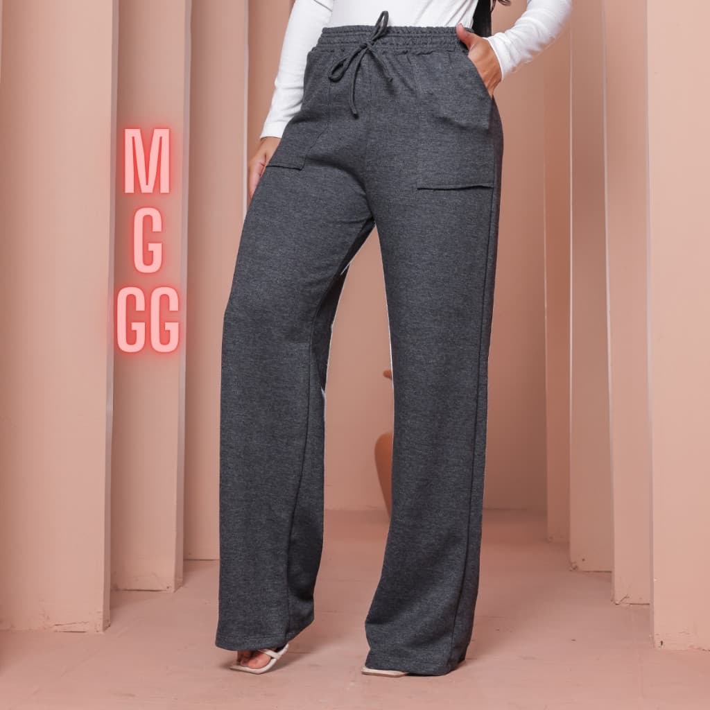 Calça Feminina Pantalona Reta Wide Leg Moletinho Cintura Alta com Bolsos Costura Dupla M ao GG