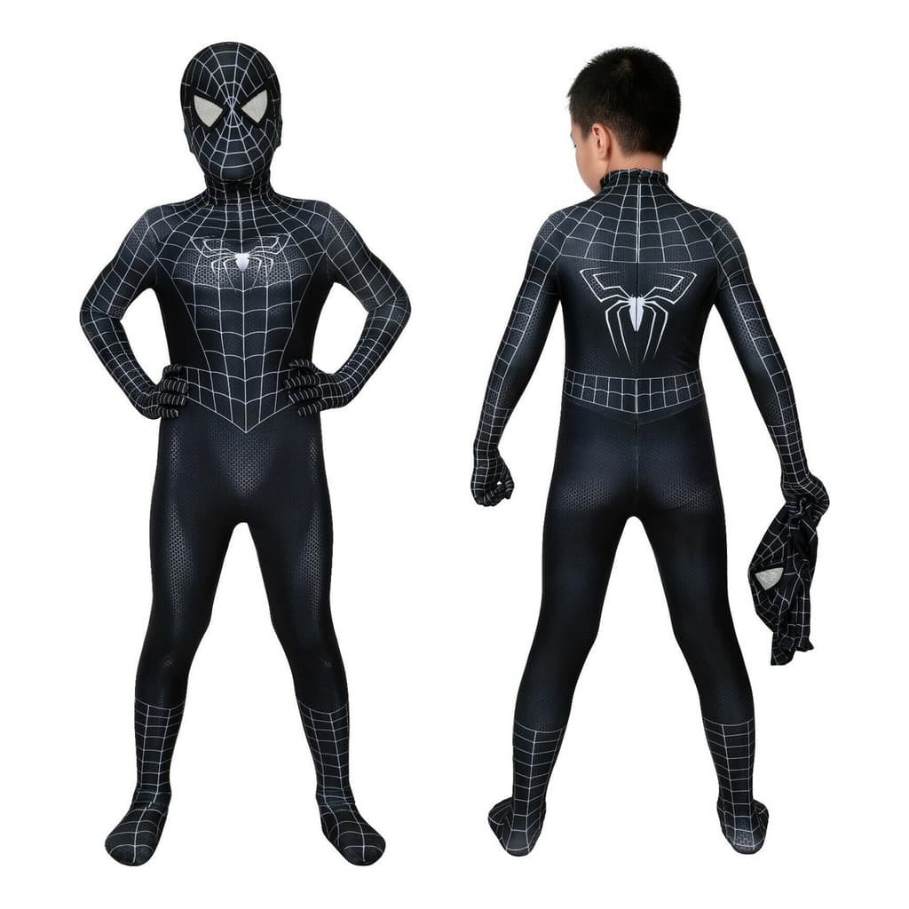 Fantasia Crianças Tobey Venom Black Homem Aranha Clássico com Lentes Acrílico Infantil Para Traje Festas e Aniversários