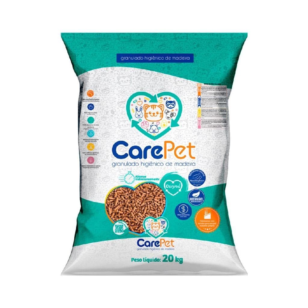 Granulado Higiênico de Madeira CarePet Premium Original para Gatos 20kg