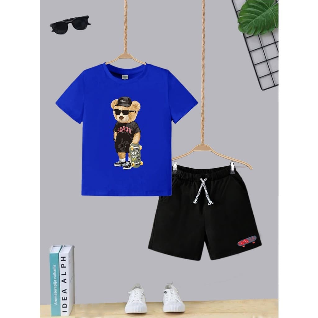 Kit Conjunto Infantil Short Com Bolso e Camiseta Algodão Urso Skate Moda Teen Kids Juvenil