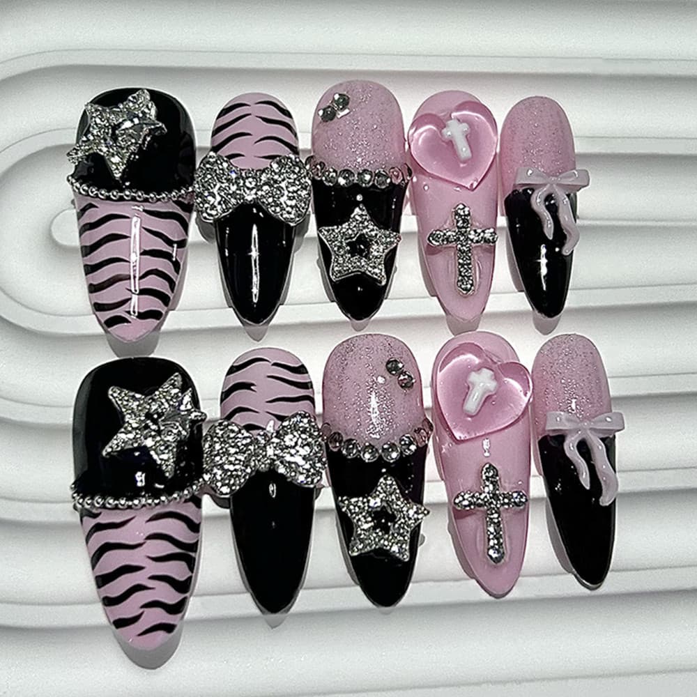 Y2K Baddie Gyaru Preto Rosa Ponta Longa Prensa Francesa Em Unhas Doce Legal Escuro Jirai Nail Art 3D Arco Estrela Cruz A