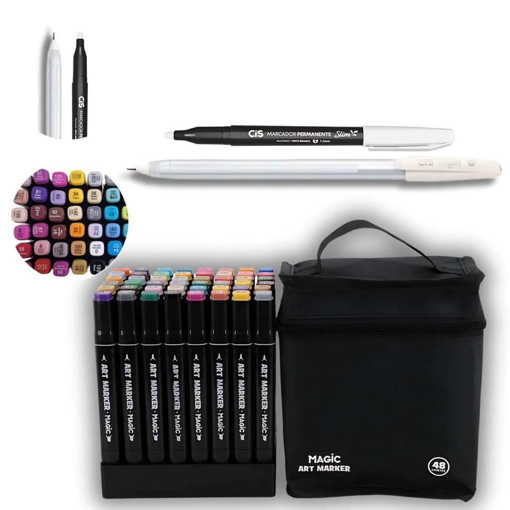 KIT CANETA GEL BRANCA TRIGEL+ 48 CANETINHA TOUCH MARCADOR ARTISTICO C/ BOLSA ART MAGIC+MARCADOR SLIM