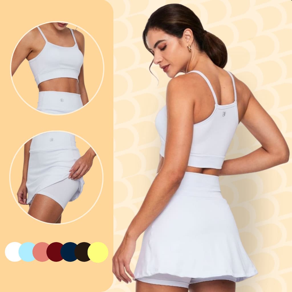 Conjunto Feminino Shorts Saia + Top Cropped Beach Tennis Esportivo Academia Treino Casual Moda